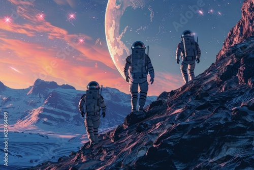 Two astronauts trek across the rugged landscape of an extraterrestrial world against a backdrop of starry skies and a large moon