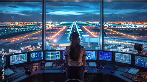 A female air traffic controller at work in the airport control tower.