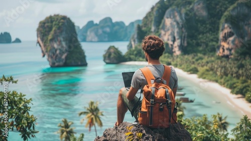 A digital nomad using fintech apps to manage finances while traveling the world, with a backdrop of exotic locations --ar 16:9 --seed 47499371 --stylize 250 Job ID: 5b121b9c-65fd-49c0-9163-7411cf3aa13