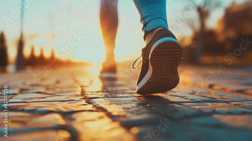 A person is jogging on a cobblestone path in a park during an early morning sunrise. The focus is on the runner’s shoes, highlighting their movement against the golden-light backdrop