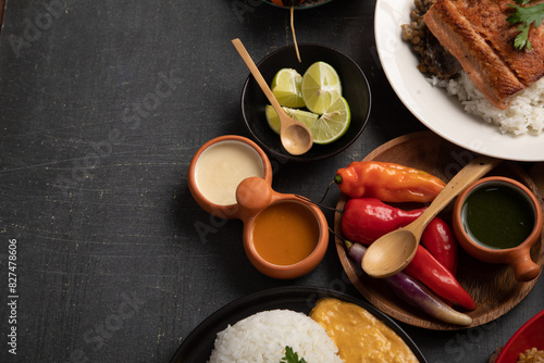 Peruvian pepper food in assorted peruvian food dish buffet table