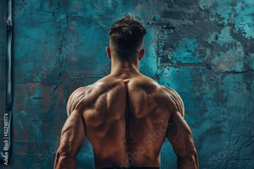 Rear view of a fit man with welldefined muscles against a textured blue backdrop