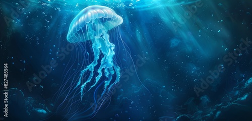 Graceful jellyfish swimming freely in the ocean, its beauty highlighted against the beach backdrop. 