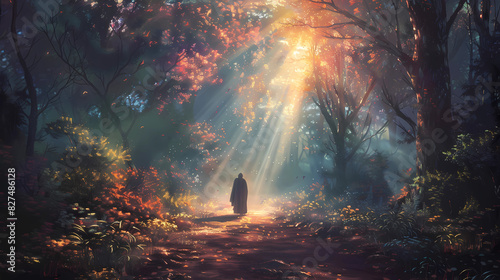 man walking into the unknown, sunlight rays promise transformation and mysticism, occult, consciousness, universal laws of vibration frequency and manifestation 