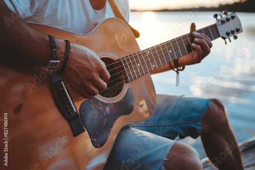 Tranquil lakeside acoustic sunset serenade featuring a skilled guitarist playing a warm and melodic session by the water. Surrounded by the peaceful colors of a summer evening