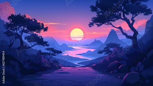 Beautiful sunset painting over a serene mountain landscape with a vibrant sky and calm water, surrounded by trees and rocky formations.