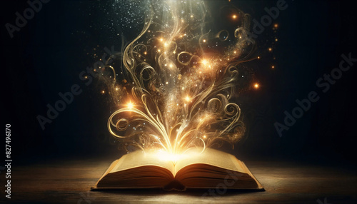 An open book with golden light and sparkles emanating from its pages, creating a magical and enchanting effect