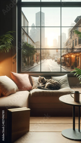 A cat sitting on a table in a cozy café, with a rainy city street visible through large windows.