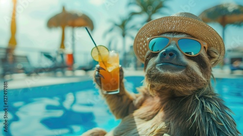 a sloth in a hat drinks a cocktail on the background of a swimming pool. Selective focus