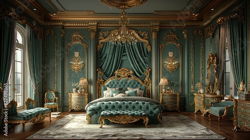 A hyper-realistic Baroque opulence bedroom, gold-accented wooden furniture, luxurious velvet bedding in emerald green, detailed ceiling moldings, crystal chandelier, heavy drapes.