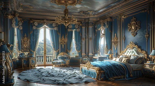 A hyper-realistic Baroque opulence bedroom, intricately carved wooden bed with gold trim, plush velvet bedding in royal blue, heavy brocade curtains, ornate ceiling decorations, gold-accented furnitur