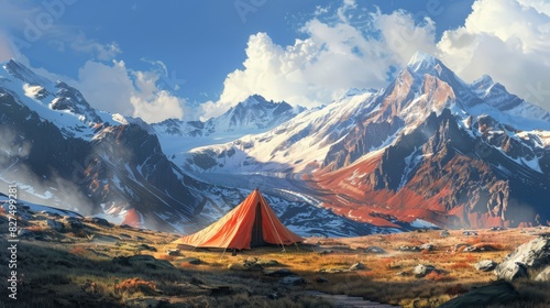 Against the backdrop of towering red rocky ridges and distant snowy peaks, an orange tent stands as a vivid reminder of human presence in the sunlit alpine valley