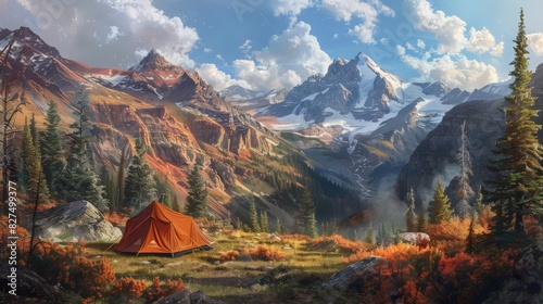 Against the backdrop of towering red rocky ridges and distant snowy peaks, an orange tent stands as a vivid reminder of human presence in the sunlit alpine valley