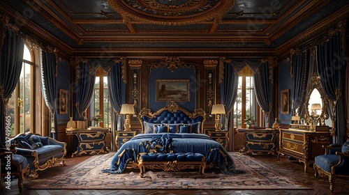 A hyper-realistic Baroque opulence bedroom, intricately carved wooden bed with gold trim, plush velvet bedding in royal blue, heavy brocade curtains, ornate ceiling decorations, gold-accented furnitur