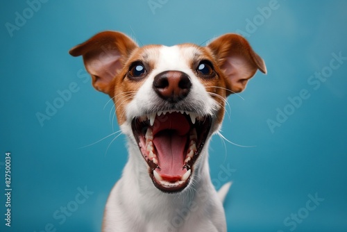 In a studio photo, a friendly Jack Russell terrier is captured pulling a funny face, radiating charm and playfulness. This portrait perfectly captures the lovable and humorous nature of the dog. 