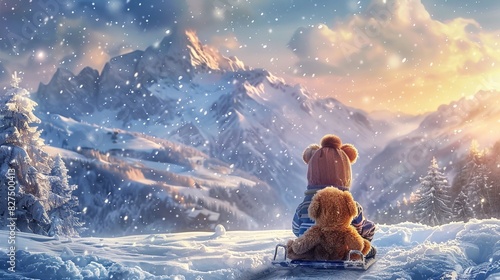 Amidst the winter wonderland, a child sits on a sled with a beloved teddy bear, soaking in the beauty of the snow-capped mountains, a scene of Christmas celebration and joy.