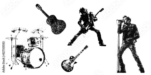monochrome vector rockstar musician guitar and drum in mezzotint photocopy effect, for grunge punk y2k collage design. guitarist vocalist retro elements. brutalist vintage illustration music poster.