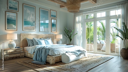A hyper-realistic coastal beach bedroom, light-filled room with sandy beige and ocean blue colors, white bed frame with light blue bedding, nautical-themed decor.