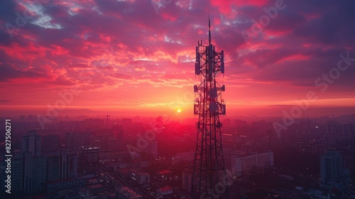 Next-generation wireless communication tower at sunset, city silhouette in the background