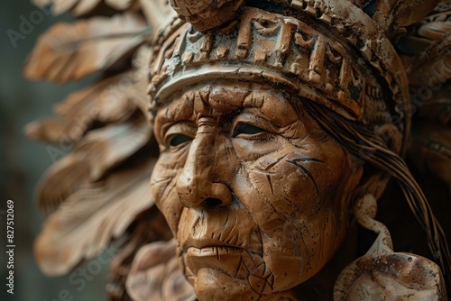 Detailed closeup of a carved wooden native american chief with headdress