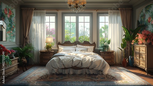 A hyper-realistic French country bedroom, pale pink and blue floral wallpaper, distressed wooden bed with white linens, vintage chandelier, large window with sheer curtains.