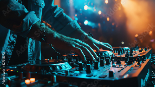 A DJ is mixing music at a concert while surrounded by smoke and bright lights