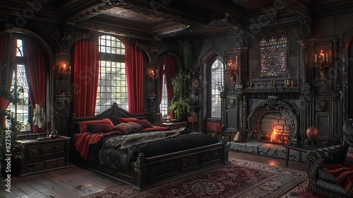 A hyper-realistic Gothic Revival bedroom, dark wooden bed frame with intricate carvings, black and red velvet bedding, heavy brocade curtains, Gothic arched window with stained glass.
