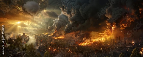 A dramatic landscape with a city engulfed in flames and smoke under a tumultuous sky, depicting a powerful and chaotic natural disaster.