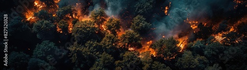 Aerial view of a forest fire with dense smoke and burning trees, highlighting the intensity and damage caused by wildfires.