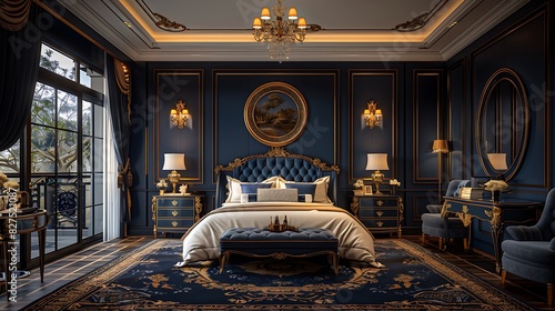 A hyper-realistic luxury Art Deco bedroom, dark blue and gold color palette, bold geometric designs on the carpet, luxurious velvet bed with gold trim, mirrored nightstands, ornate chandeliers.
