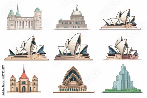 Modern landmarks vector illustrations eiffel tower in paris and sydney opera house in australia