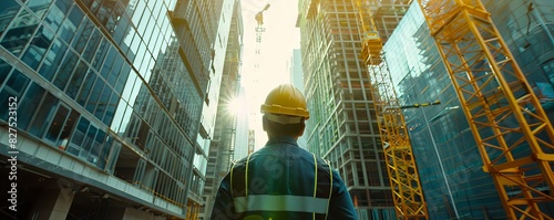 Skilled Engineer Supervising Construction Workers in High-Rise Building Project