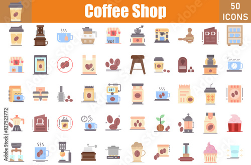 Set of 50 Coffee Shop flat icons set. Workshop outline icons with editable stroke collection. Include coffee, caffeine, coffee bag, beans, latte, coffee