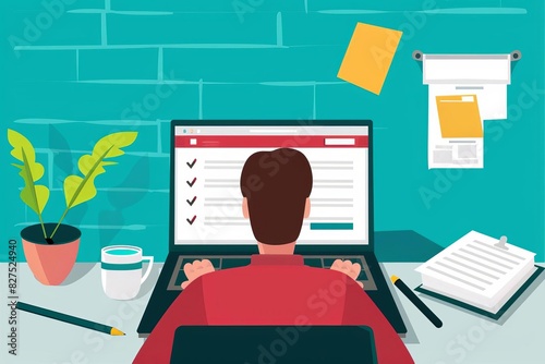 businessman using laptop for online performance checklist and digital survey vector illustration