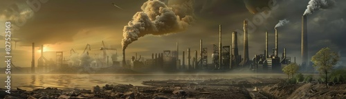 Industrial landscape with factories emitting smoke, reflecting on a water body under a dramatic sunset sky.