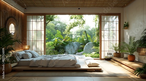 A hyper-realistic minimalist zen bedroom, light wood furniture, low bed with white linens, bamboo decor, large window with sheer curtains, peaceful and uncluttered space.