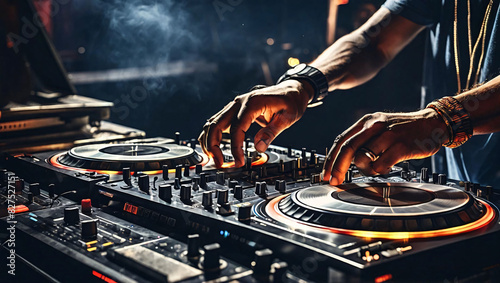 Close-up photo of a DJ mixing music on a turntable