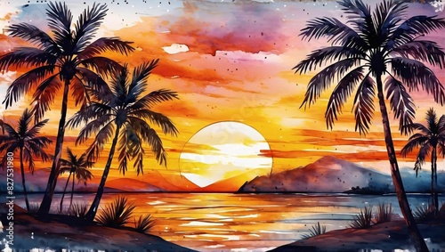 Watercolor sunset background with palm trees