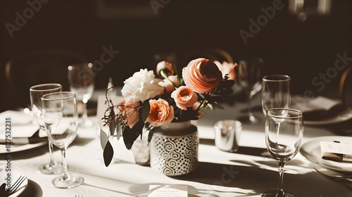 Lavish Floral Centerpiece Adorns Formal Dining Table Setting for Elegant