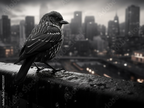 Against the urban backdrop, a bird perches on a ledge in a nostalgic black-and-white photo