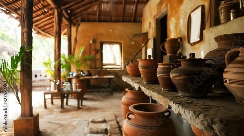 A rustic Ayurvedic clinic with clay pots and traditional tools, offering a serene and authentic healing experience.