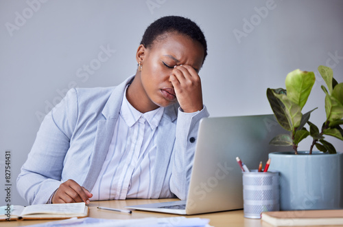 Office, business and black woman with headache, burnout and tired for overtime as content writer. Workspace, female journalist and stress for deadline of political story, copywriting and online blog