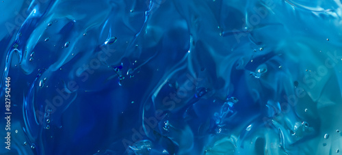 Long banner. Macro photo dark blue gel texture, abstract background with bubbles. blur and selective focus.