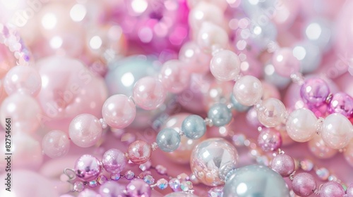A bunch of colorful beads and pearls are scattered on a pink background