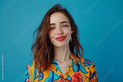 flirty young woman with vibrant shirt winking at camera playful expression on blue background portrait illustration