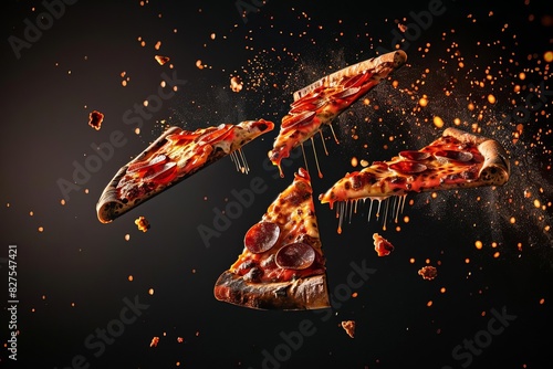 flying hot pizza slices on black background dynamic food photography 3d illustration