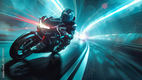 High-speed motion blur of a motorcycle racing through a brightly lit tunnel, emphasizing speed and dynamic lighting effects