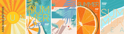Summer, sun and sale. Vector minimalistic illustration of sun rays, swimming pool with sun lounger and umbrella and tropical palm leaf, orange and sea beach with sand for background, flyer, poster or 