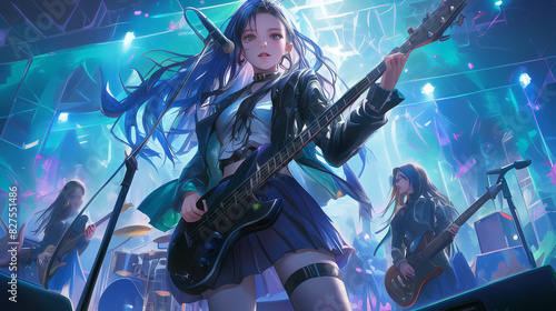 A blue-haired anime lead singer and guitarist of an all-woman band performs with her group on a concert stage under blue lighting.