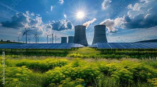 A nuclear power plant integrated with renewable energy sources like solar and wind, in a sustainable, eco-friendly landscape. --ar 16:9 --style raw Job ID: 02ecde85-b1b7-432c-9b3f-a5086f79f434